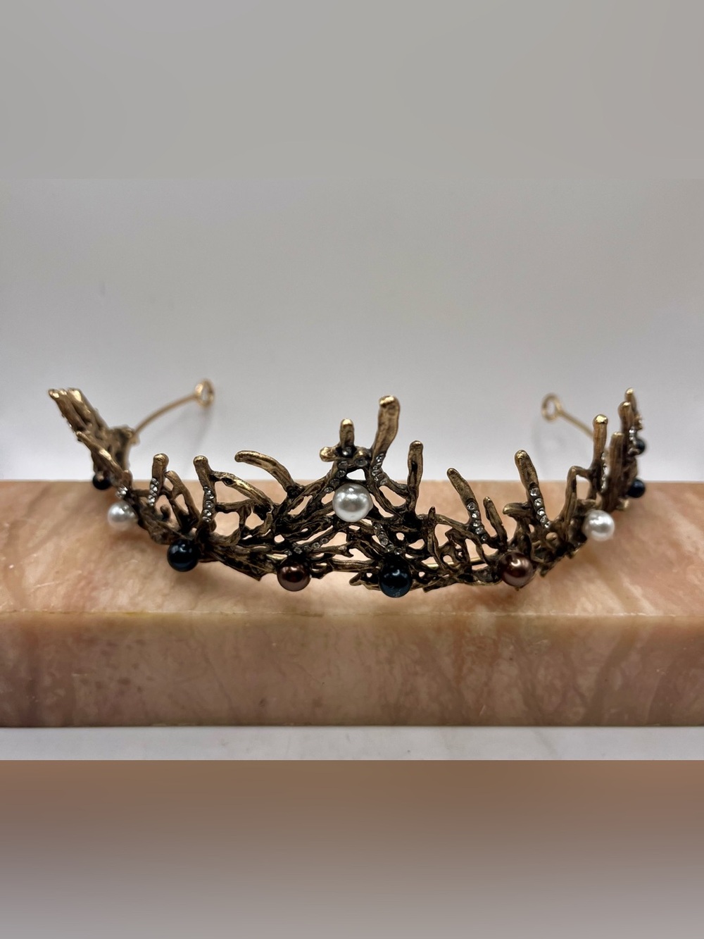 Bronze Colored Gothic Tiara Crown Black & White Faux Pearl Detail